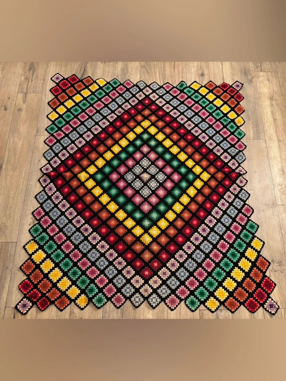 Vintage Hand Crocheted Granny Square Afghan 60x70 Jewel Tone Wool Blanket